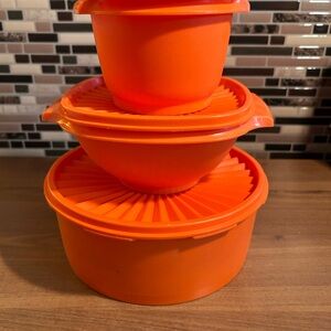 Vintage Tupperware Orange Stackable Plastic Food Storage Bowl Set - Home Kitchen